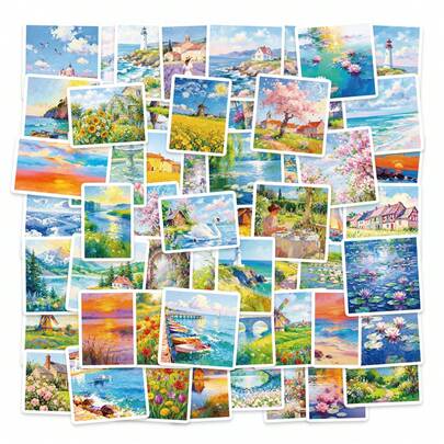 56张印象派风景艺术贴纸 - 防水乙烯基材质，色彩鲜艳的油画图案，适用于笔记本电脑、水瓶、行李箱和剪贴簿。是艺术爱好者为日常用品和DIY装饰增添优雅色彩的理想之选。