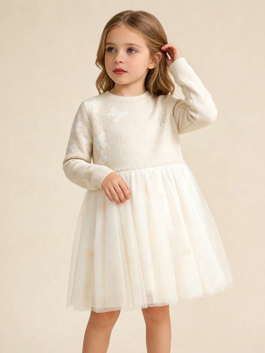 Balabala Young Girl 2026 Autumn/Winter New Bow Contrast Mesh Hem Cute Dress - Brown - View 1