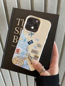 1pc Fashion Creative Airplane Map Camera Holiday Painted Pattern Phone Case, Soft Shockproof Scratch-Resistant Litchi Texture TPU Material Protective Cover Compatible With Apple 11/12/13/14/14Plus/15/15Plus/16/16Plus/7/8Plus/17/17Pro - Multicolor - View 1