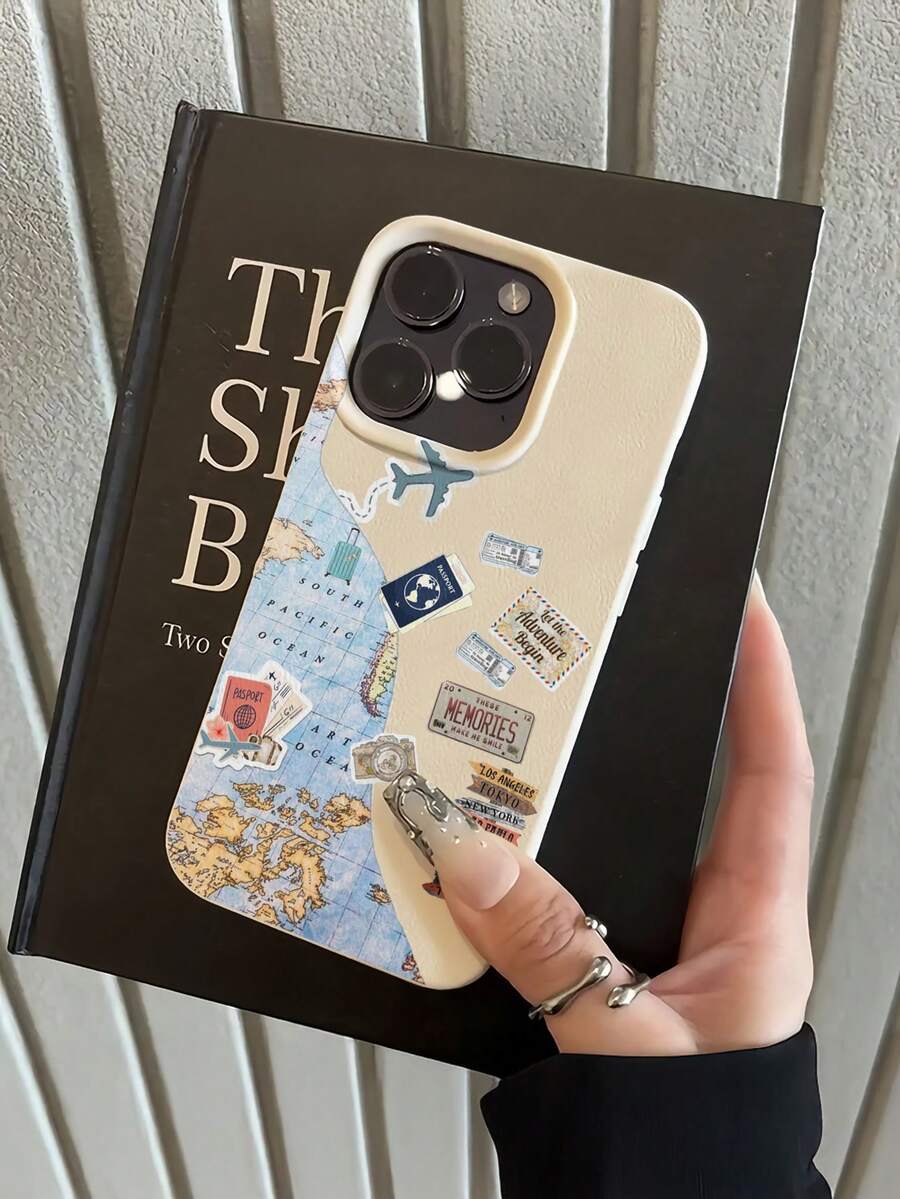 1pc Fashion Creative Airplane Map Camera Holiday Painted Pattern Phone Case, Soft Shockproof Scratch-Resistant Litchi Texture TPU Material Protective Cover Compatible With Apple 11/12/13/14/14Plus/15/15Plus/16/16Plus/7/8Plus/17/17Pro - Multicolor - View 1