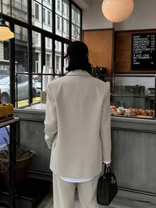 休闲优雅卡其色长袖西装外套+直筒裤，女士两件套春季套装 - 駝色 - 查看 3