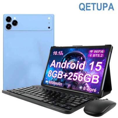  Qetupa 安卓 15 10.1 英寸平板电脑，配备保护套、键盘和鼠标，8GB 运行内存 + 256GB 机身存储（支持 1TB SD 卡扩展），MTK6771 八核 2.0GHz 处理器，高清 (1280x800) IPS 触控屏，500 万像素前置摄像头和 800 万像素后置摄像头，6000mAh 电池，支持蓝牙 5.2、802.11ax Wi-Fi 6、GPS 和 Type-C 充电接口，不支持 SIM 卡。