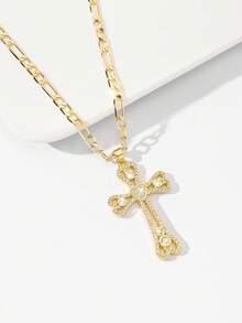 1pc European & American Classic Copper Inlaid Zirconia Cross Pendant Necklace, Limited Edition "Light Of Protection", Suitable For Christmas, Thanksgiving, Halloween, Mother's Day, Valentine's Day, Friends, Church Members, First Holy Communion, Gift, Daily & Holiday Wear, Prayer - Yellow Gold - View 4