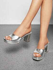 Women Minimalist Open Toe Heeled Mule Sandals Slip On, Thick Heel Casual High Heel Sandals For Outdoor Spring/Summer - 銀色 - 查看 2