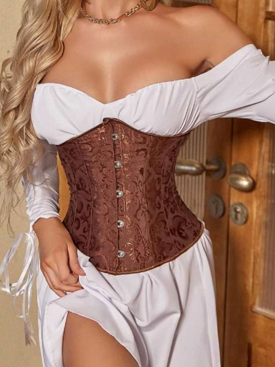 Vintage Jacquard Lace-Up Backless Waist Cincher Belt, Renaissance Pirate Style - Brown - View 1
