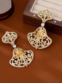 一对时尚复古镂空扇形狮头耳环，适合日常佩戴，也适合派对和宴会场合 - 无礼盒 - 金黃色 - 查看 3