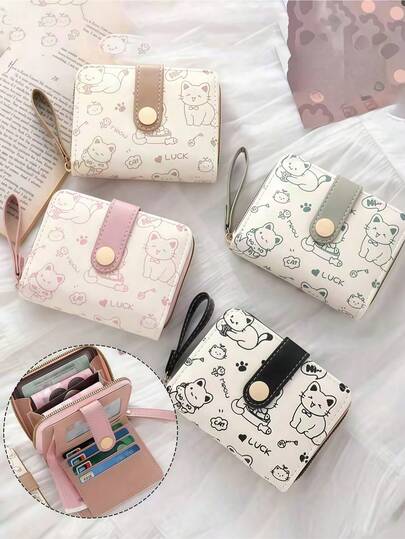 Esta es una monedero de mujer de estilo corto con patrón de gato, multifuncional, de dibujos animados, lindo, con múltiples compartimentos y gran capacidad. Es de moda y fresco, impermeable y resistente a las manchas, resistente al desgaste y duradero, y fácil de llevar.