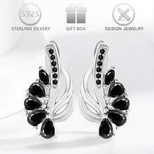1 Pair 925 Sterling Silver Black Cubic Zirconia Unique Leaf Design Personalized Fashion Dangle Earrings, Suitable For Daily Casual, Vacation, Holiday, Birthday Gift - Silver - View 3