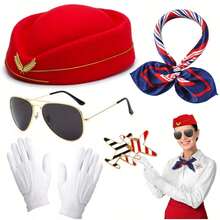 5pcs Stewardess Costume Accessories Set, Suitable For Pairing With Stewardess Uniform, Can Be Used For Christmas And Other Occasions, Including Stewardess Hat, Gloves, Scarf And Brooch. Also Suitable For Halloween Parties, Balls, Music Festivals And New Year Costumes. - Multicolor - View 12