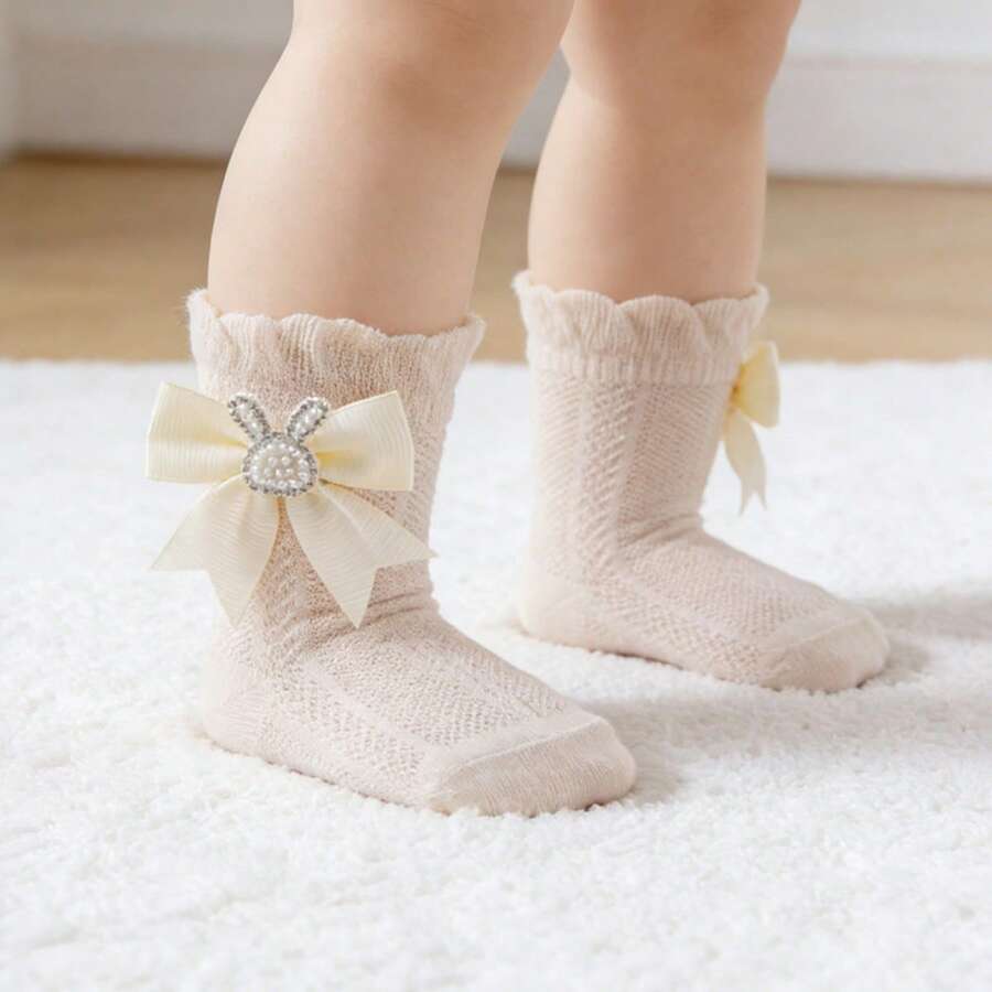 Baby Girl Socks With Bows Soft Pearl Bunny Infant Princess Dress Socks Toddler Ruffle Socks - Beige - View 1