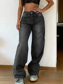 Plus Size Women's Vintage Casual Elastic Waist Loose Straight Leg Jeans Spring - Dark Grey - View 2