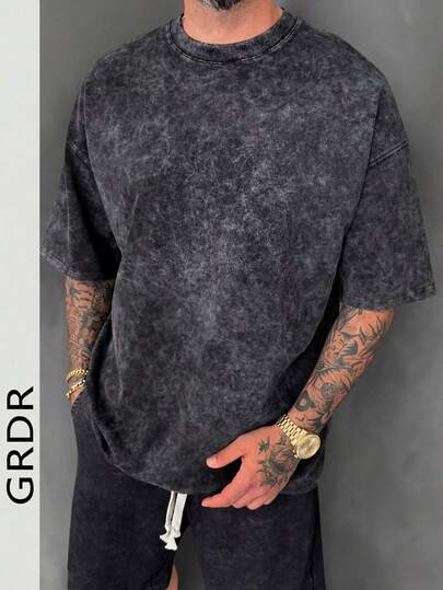 GRDR Men's Vintage American Style Solid Color Washed Round Neck Short Sleeve T-Shirt, Comfortable And Breathable For Summer Wear