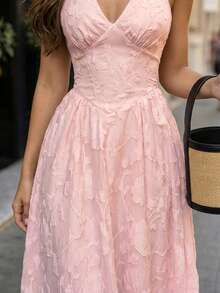 Perirose Vestido de mujer elegante de jacquard rosa con tirantes finos, escote en V profundo, cintura fruncida y largo medio. Vestido sin mangas de moda, atuendo romántico de verano - Rosa - Ver 9