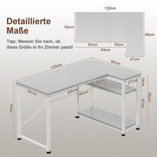 Gunji 110cm L-Shaped Desk, Reversible Corner PC Workstation With Shelves & Hooks For Home Office & Bedroom - Xám - Xem 7