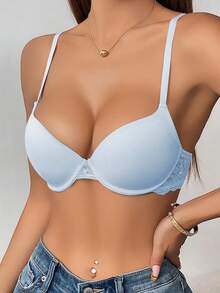 Lace Padded Push-Up Underwire Bra - Baby Blue - View 5