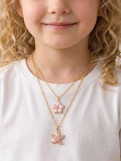 Bộ 2 chiếc vòng cổ mặt dây chuyền hình hoa 5 cánh và sao biển tinh tế và thời trang, thích hợp cho bé gái đeo đi biển, dự tiệc, du lịch và các dịp thường ngày trong mùa hè.