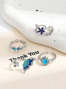 4pcs Blue Rhinestone Flower Bow Knot Open Ring Set, Enamel Drip Oil Blue Butterfly Dream Sweet Cool Girl Rings - Silver - View 2