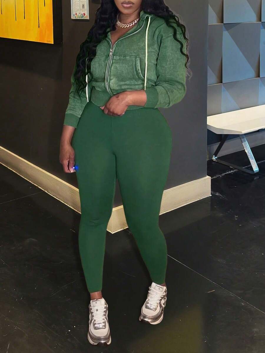 LovelyWholesale Women Casual Hooded Drawstring Zip Pocket Long Sleeve Top And Slim Fit Two Pieces Pants Set, Spring Clothing - Green - View 1