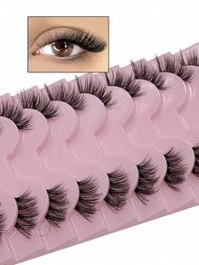 10 Pairs Natural Looking Cat Eye Lashes, Soft & Fluffy False Eyelashes, Transparent Stem Realistic Fake Lashes, Makeup Tools, Suitable For Beginners, Parties, Reusable - Black - View 2