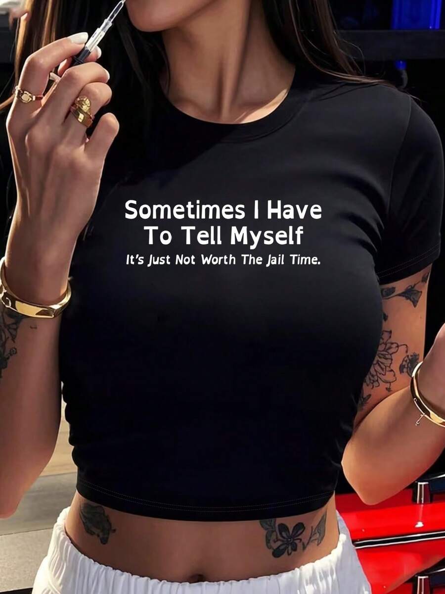 Women's Funny Quote Graphic Cropped T-Shirt, Short Sleeve Round Neck Casual Top - màu đen - Xem 1