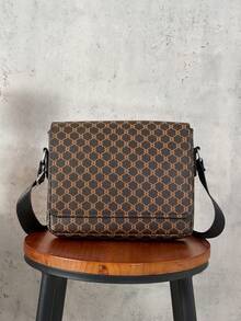 HOVI'S Men Crossbody Bag Brown Black Monogram PU Leather - Flip Cover Snap Button & Zipper Pocket Adjustable Shoulder Strap Large Capacity Fits Tablet & Phone Business Casual New Year Gift Valentine's Day Gift - Brown - View 1