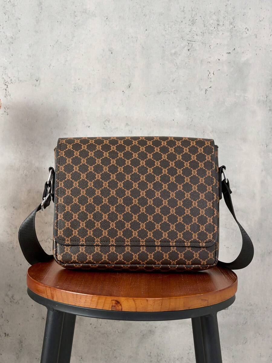 HOVI'S Men Crossbody Bag Brown Black Monogram PU Leather - Flip Cover Snap Button & Zipper Pocket Adjustable Shoulder Strap Large Capacity Fits Tablet & Phone Business Casual New Year Gift Valentine's Day Gift - Brown - View 1