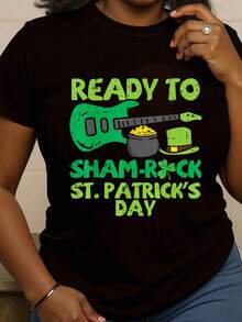 100% Cotton Ready To Sham Rock St Patricks Day Guitar Music Guitarist T-Shirt  Women's Streetwear Graphic Tee Black Crew Neck Vacation Tops - 黑色 - 查看 5