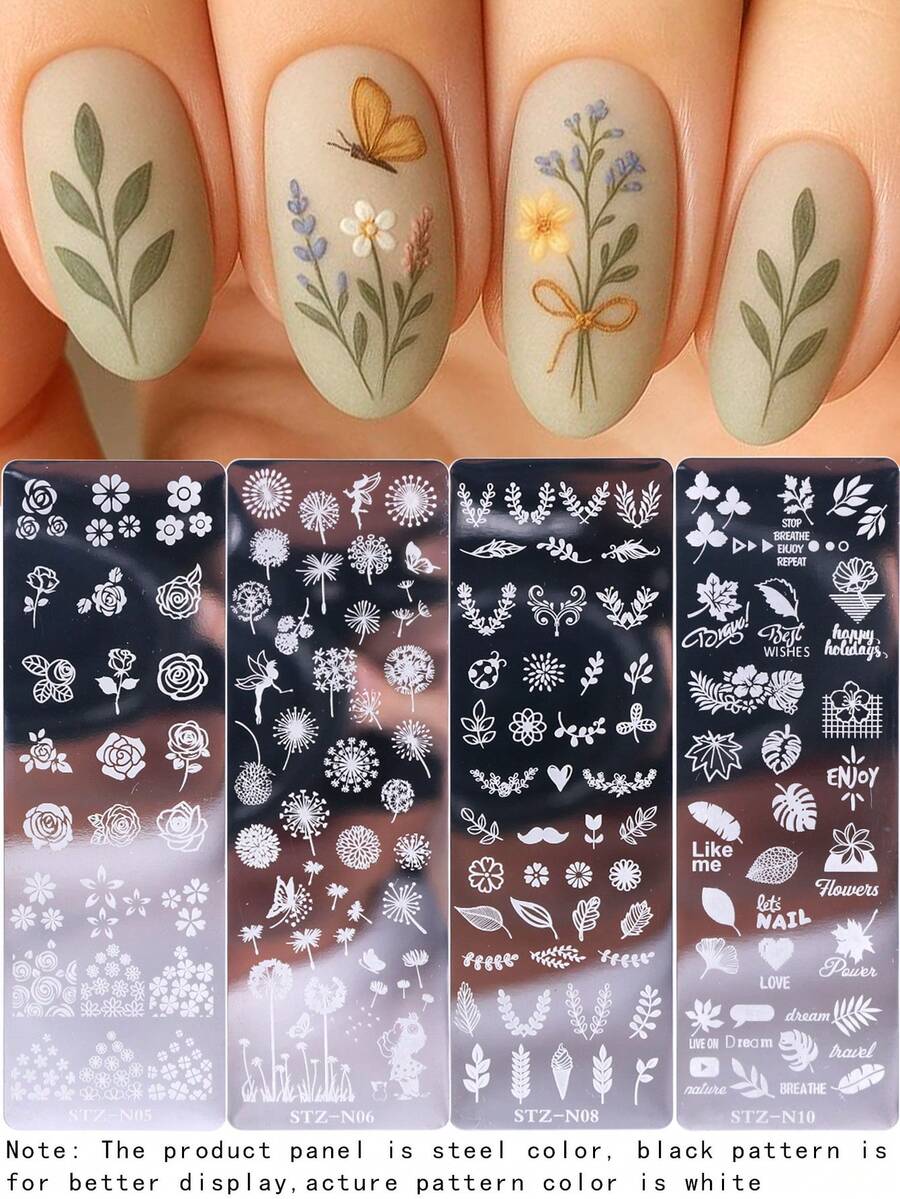 4PCS Flower And Plant Nail Templates, Dandelion, Rose, Cherry Blossom, And Flower Leaf Pattern Design Nail Printing Boards, DIY Nail Printing Stainless Steel Templates For Spring And Summer, Nail Tools - Silver - View 1