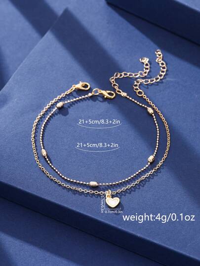 2pcs/Set Handmade Multi-Layer Oval Beaded Chain, Flat Cross Chain, Heart Charm Pendant Anklet Jewelry Gift Set, Gold-Tone Beaded Jewelry For Women (Oval Beads Quantity Random)