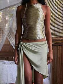 Sparkly Fringe Tops For Women Halter Crisscross Backless Fringed Tank Disco Rave Club Going Shirt Outfits - Gold - View 2