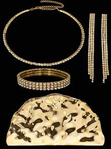 这款镶钻首饰套装包含项链、耳环和手链，搭配镀金亚克力手拿包，适合浪漫婚礼、春夏链条单肩包、新娘包、正式舞会手拿包、优雅晚礼服包，完美适用于派对、婚礼、舞会、晚宴/宴会，可搭配节日派对礼服、晚礼服和亮片连衣裙。 - 金色 - 查看 13