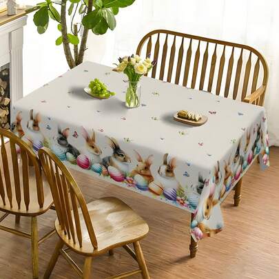 1pc Easter Bunny Tablecloth, Colorful Eggs & Butterflies Spring Party Home Decor Tablecloth, Polyester Fabric, Suitable For Family Gathering, Party, Picnic, Indoor & Outdoor Wedding