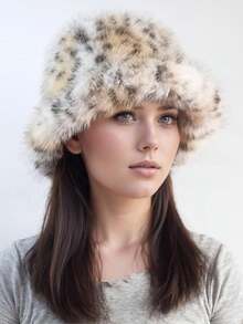 1/2 piezas Conjunto de gorro y bufanda con estampado de leopardo estilo europeo y americano, gorro cubo esponjoso y calentador de cuello aislado de moda - Multicolor - Ver 5