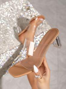 女士透明高跟凉鞋，粗跟透明鞋，时尚百搭通勤派对装，舒适性感优雅水晶凉鞋 - 無色 - 查看 1