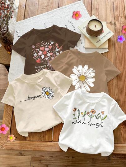 4pcs Cream & Beige Vintage Floral Pattern Round Neck Basic Short Sleeve T-Shirts