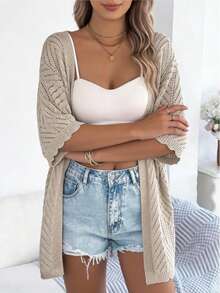 女士轻薄波西米亚风短袖开衫，优雅夏季宽松休闲沙滩度假装，百搭街头服饰 - 卡其色 - 查看 4