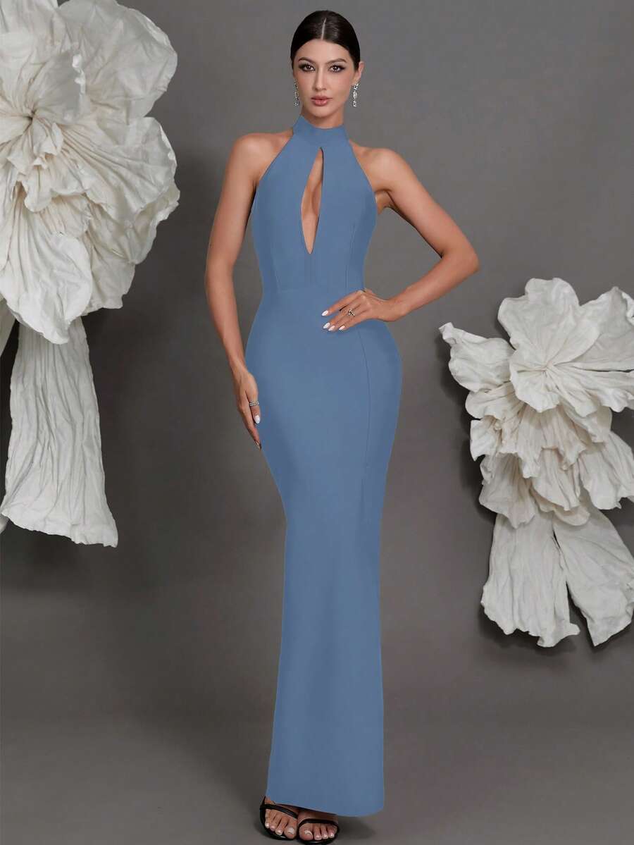 Halter Knit Bandage Bodycon Dress, Luxury European Style New Evening Party Slit Gown, Fashionable Sexy Fitted Cocktail Pencil Dress For Family Holidays - Light Wash - View 1