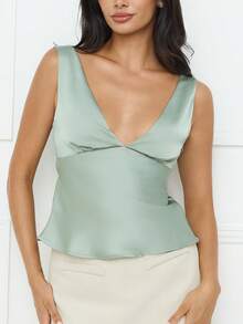 Womens Satin Tank Tops  Sleeveless Deep V Neck Solid Color Tops Slim Fit Shirts - Light Green - View 5