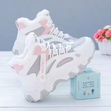 Women's Winter Sneakers - Non-Slip High-Top Thick Sole, Plush Lining, Lightweight Rubber Sole, White/Black And Blue/White Color Combinations, Stylish And Warm Cold-Weather Shoes - Trắng Xám - Xem 3