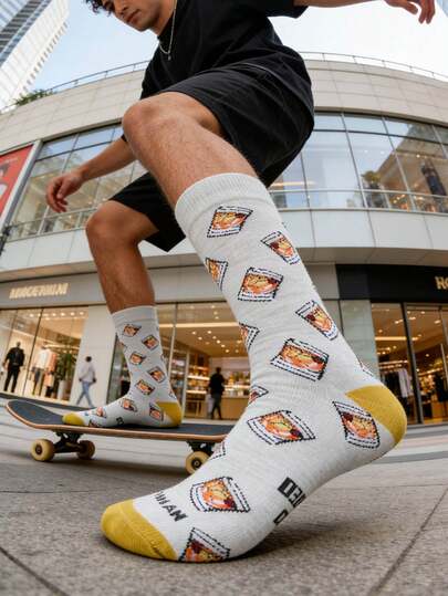 1双男士时尚酒杯印花中筒袜，适合运动、户外、旅行、四季皆宜，用途广泛