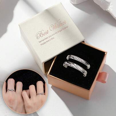 Bộ 2 nhẫn đôi, nhẫn hở sang trọng tối giản đính đá Cubic Zirconia sáng bóng, thích hợp làm quà tặng đính hôn, cưới, ngày Valentine cho các cặp đôi.