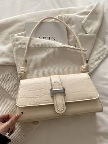 Tas Bahu Minimalis Vintage Elegan dengan Penutup Asimetris Motif Buaya Warna Polos yang Modis - Krem - View 12