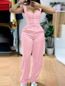 2pcs/Set Thick Strap Button Front Fitted Camisole & Wide Leg Casual Pants Set Pink Summer - Pink - View 3