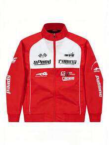 Men's Motorcycle Jacket Printed Red Collar Outerwear - Red - View 3