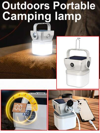 1 pieza Luz solar durable para camping con 8 funciones + indicador de nivel de batería + resistente al agua + iluminación de larga distancia. Adecuado para camping al aire libre, montaje de tiendas de campaña, aventuras en la naturaleza, cortes de energía de emergencia y otros entornos adversos como herramienta de iluminación portátil.