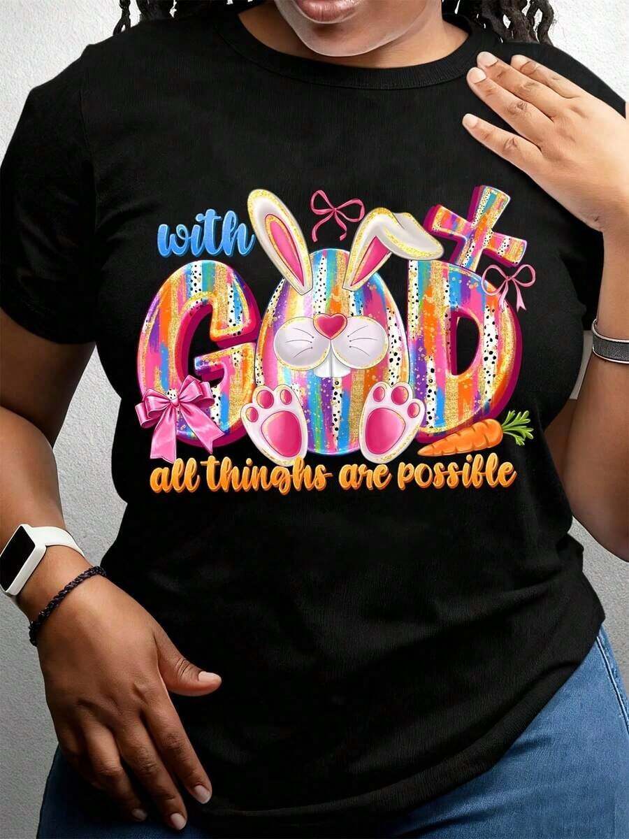 [Lunar Apex]With God All Things Are Possible Easter Bunny Bible Verse Women's-Shirt Spring Season Her - 黑色 - 查看 1