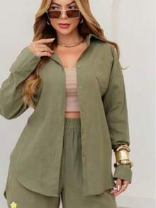 Women's Long-Sleeved Linen Shirt - Màu xanh lá cây đậm - Xem 1