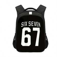 A Black Backpack With A 67 Pattern, A Cartoon Printed Pattern Large Capacity Backpack, Fashionable , A Spine-Protecting Shoulder Strap, And A Strip Design. Suitable For Students To Use, Back To School Season, Gifts. - A - View 9
