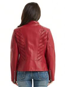 Giolshon Women's Fashion PU Leather Jacket - Casual Street Style Clothing For Spring And Autumn - 紅色 - 查看 5