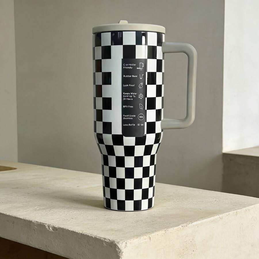 HYDROJUGs Timeless Checkered Print Insulated Travel Mug With Contrast Gray Trim & Leakproof Design, 40oz Stainless Steel Double-Wall Vacuum Cup For Brunch Dates, Evening Strolls, Desk Use & Picnic Outings, Best Christmas & Halloween Gift For Family & Friends Who Appreciate Classic, Versatile Style - 40oz黑白格 - 查看 1